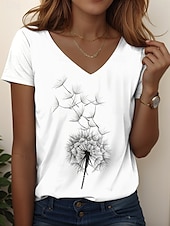 cheap Plain tee-Women&#039;s T Shirt Ombre Floral Graphic Casual Short Sleeve V Neck Regular Tops Daily Print White off-white Summer Spring