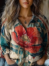 ieftine Topuri florale-Pentru femei Cămașă Floral Grafic Casual Manșon Lung Guler Cămașă Topuri obișnuite Muncă Zilnic Nasturi Imprimeu Negru Galben Roz Îmbujorat Albastru piscină Trifoi Primăvară Toamnă Iarnă