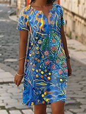 cheap Boho Dress-Women&#039;s Mini Dress Casual Dress T Shirt Dress Tee Dress Shift Dress Summer Dress Elegant Stylish Formal Vacation Work Casual Linen Like Regular Fit Floral Graphic Short Sleeve V Neck Blue Summer