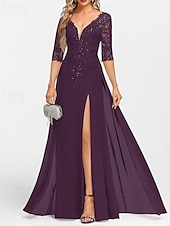 preiswerte Bodenlänge-A-Linie Brautmutterkleid Hochzeitsgast Elegant V Ausschnitt Bodenlang Chiffon Halbarm mit Applikationen Geteilter Vorderteil 2025