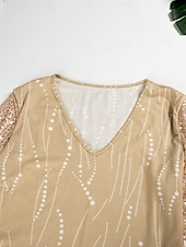 abordables Tops elegantes-Blusa básica metalizada para mujer con estampado brillante, manga larga, cuello en V, fiesta, año nuevo, amarillo, gris, primavera y otoño