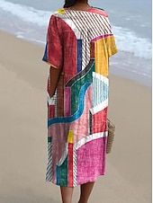 abordables Robes Rayés et Géométriques-Robe Midi pour Femmes Robe d&#039;Été A-Line Lin Vacances Décontractée Plage Sortie Coupe Lâche Imprimé Graphique Géométrique Manches Courtes Col V Rose Bleu Kaki Été