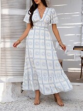 levne Umění a design šaty-Dámské maxi šaty A-line šaty vypasované a rozšířené šaty šaty s nadýchanými rukávy volnočasové dovolená denní běžné střih květinové krátký rukáv V výstřih bílé růžové fialové oranžové léto