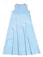 preiswerte Kleider-Damen Midikleid Leinen-inspirierte Kleider Freizeitkleid Baumwoll-Leinenkleid Sommerkleid Mode Basic Urlaub Täglich Ausgehen Normale Passform Einfach Ärmellos V Ausschnitt Leicht Braun Khaki Leicht