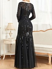 economico NERO-Abito madre della sposa abito elegante festa collo a giro lunghezza a terra cotone misto maniche lunghe con paillettes 2025