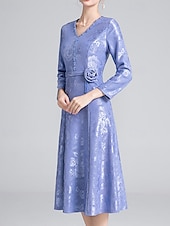 cheap Tea Length-A-Line Dress Mother of the Bride Beaded Dress Elegant Vintage Simple V Neck Tea Length Jacquard Long Sleeve with Flower Wedding Guest Dress