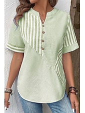 baratos Tops Geométricos e Listrados Femininos-Mulheres Blusa Listrado Moderno Casual Manga Curta Decote V Tops regulares Diário Feriado Para Noite Botões Verde Claro Rosa Azul Real Verão