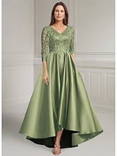 cheap Floor Length-Purple A-Line Mother of the Bride Dress Elegant Vintage V Neck Asymmetrical Satin Long Sleeve with Lace Appliques Solid Color