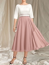 preiswerte Teelänge-A-Linie Brautmutterkleid Hochzeitsgast Elegantes Rundhals Tee-Länge Chiffon Satin Halbarm mit Perlen Raffung Midi Kleid 2025