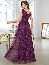 economico VERDE-Abito da sera a linea A abito scintillante formale per matrimonio lunghezza fino a terra senza maniche scollo a V tulle con glitter
