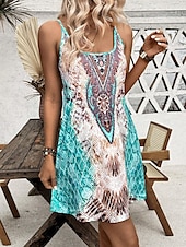 preiswerte Boho Kleider-Damen Mini Kleid A-Linien Kleid Sommerkleid Off-the-Shoulder Kleid Urlaub Lässige tägliche lockere Passform Grafik Bohemian ärmellos U-Ausschnitt Blau Sommer