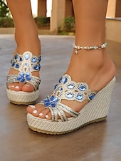 cheap Vacation Sandals-Women&#039;s Rhinestone Wedge Sandals – Sparkly Open-Toe Platform Sandals with Gem Embellishments for Summer, Beachwear, and Casual Chic Outfits