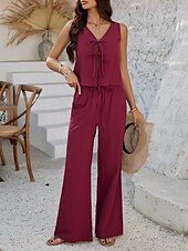 cheap Sets-Women&#039;s Active Basic Linen-Inspired Sets Two Piece Sets Vest Sleeveless V Neck Solid Color Lace up Casual Daily White Wine Dark Navy Summer Regular Fit