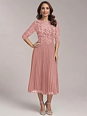 abordables Longueur du thé-Robe Mère de la Mariée A-Line Élégante Simple Décontractée Col Ronde Longue en Chiffon À Manches Mi-Longues avec Appliques Florales en Dentelle Plis de Genoux Printemps Été Robe Midi 2025