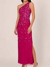 cheap GREEN-Sheath / Column Beaded Gown Celebrity Style Dress Formal Wedding Guest Floor Length Sleeveless One Shoulder Chiffon with Flowers Beading Sequin Slit