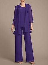 preiswerte Bodenlänge-Jumpsuit  Hosenanzug 3-teilig Kleid der Mutter der Braut Hochzeitsgast Elegantes gewelltes Dekolleté bodenlang Chiffon 3/4-lange Ärmel mit Perlen