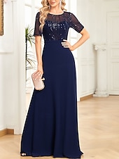 abordables Moins de 129,99 $-Robe pour mère de la mariée élégante robe de soirée décolleté rond longueur sol en chiffon spandex à manches courtes avec sequins