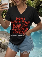 preiswerte Humor &amp; Zitate T-Shirt-Damen Bluse Buchstabe Brautkleider schlicht Kurzarm V Ausschnitt Normale Oberteile Täglich Ausgehen Strandbekleidung Bedruckt Schwarz Weiß Sommer
