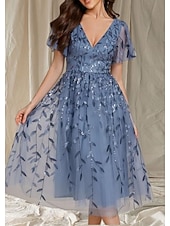economico Matrimonio Informale / Di Giorno-Abito A-Line Madre della Sposa Ospite di Nozze Elegante Scollatura a V Lungo al Ginocchio in Pizzo Maniche Corte con Abito Midi in Pizzo