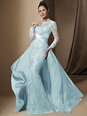 economico BLU-Abito da festa sirena Madre della Sposa Abito Ospite di matrimonio Elegante Collo gioiello Treno a strascico  spazzola Stretch raso Manica lunga con pizzo paillettes arricciato per impressionare 2025