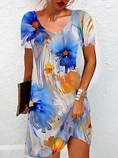 ieftine Rochie Artă și Design-Pentru femei Rochie Mini Rochie casual Rochii Tricou Rochie de Vară Rochie A line Stilat Casual Plajă Fit regulat Floral Grafic Manșon scurt Stil Nautic Albastru piscină Vară Primăvară