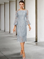 cheap Tea Length-Sheath Mother of the Bride Dress Wedding Guest Elegant Vintage Jewel Neck Tea Length Lace 3/4 Length Sleeve with Sequin 2025 free custom size