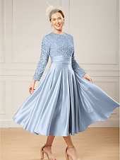 economico Lunghezza del pavimento-Abito A-Line per madre della sposa elegante collo gioiello lungo fino al pavimento in satin maniche lunghe con pieghe e paillettes