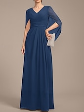 preiswerte Bodenlänge-A-Linie Brautmutterkleid Hochzeitsgast Elegant V Ausschnitt Bodenlang Chiffon Kurzarm mit Falten Raffung 2025