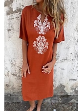 economico Abiti casual bianchi-Per donna Abito Midi Abito in cotone e lino Moda Essenziale Quotidiano Uscire Spiaggia Vestibilità regolare Fiore Manica Corta Scollo a V Bianco Giallo Rosa Vino Estate