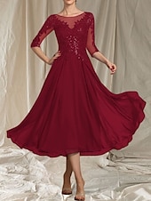 abordables Longueur du thé-Robe de mère de la mariée en A-Line pour invitée de mariage col rond élégant longueur thé chiffon tulle manches demi-longues avec perles appliqués robe midi