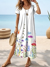 tanie Sukienki boho-Damskie Sukienka midi Sukienka letnia Sukienka A line Urlop Codzienny Boho Motylkowy Urlop Plaża Regularny Graficzny Geometryczny W Tureckie Wzory Krótki rękaw Wycięcie pod szyją Biały Żółty