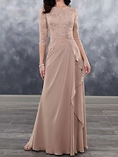 preiswerte Unter 129,99 $-Kleid Brautmutterkleid Hochzeitsgast Elegant Einfach Rundhalsausschnitt Bodenlang Polyester Dreiviertelarm mit Spitze Einfarbig 2025