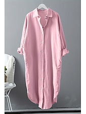 economico Camicie-Per donna Abito Midi Abito Camicia Abito in cotone e lino Moda Essenziale Classico Vacanza Ferie Uscire Vestibilità regolare Semplice Manica Lunga Colletto a Camicia Nero Bianco Verde chiaro Rosa