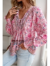 billige Blomstrete topper-Dame Skjorte Bluse Blomsternål i krystall Daglig Stilfull Fritid Langermet V-hals Vanlige topper Daglig Ferie Trykt mønster Rosa Navyblå Blå Aprikos Vår