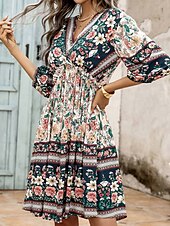 billige Boho-kjole-Dame Mini kjole Kjole med A-linje Ferie Fritid utendørs Ut på byen Normal Grafisk 3/4 ermer V-hals Rød Oransje Aprikos Sommer