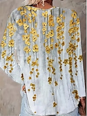 preiswerte Blumenoberteile-Damen Hemd Langarm Tunika Oberteile Ombre Blumen Grafisch Vintage tropisch Hawaiianischer V-Ausschnitt reguläre Oberteile täglicher Urlaubs Strandbekleidung Druck Grau Sommer Frühling
