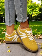 abordables Baskets femme-Baskets basses rétro jaunes pour femmes - Chaussures décontractées à lacets vintage, confortables au quotidien pour un style urbain et extérieur