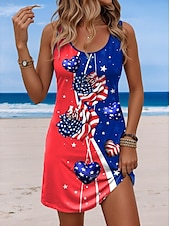 preiswerte Humor &amp; Zitate Kleider-Damen Patriotisch Veteran Mini Kleid A-Linie Kleid Sommer Kleid Off-Shoulder Kleid Urlaub Lässig Täglicher Lockere Passform Grafik Flagge Ärmellos U-Hals Blau Sommer
