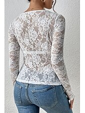 preiswerte Spitzenoberteile-Damen Spitzenhemd Bluse Glatt Stilvoll Langarm V Ausschnitt Normale Oberteile Täglich Ausgehen Spitze Schwarz Weiß Wein Sommer