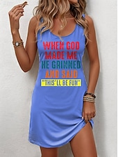 cheap Humor&amp;Quotes Dress-Women&#039;s GOD Mini Dress A Line Dress Summer Dress Off The Shoulder Dress Casual Party Daily Holiday Loose Fit Graphic Letter Sleeveless U Neck Black White Pink Blue Summer