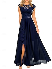 preiswerte Unter 129,99 $-Kleid Mutter der Braut Kleid Hochzeitsgast Elegant Lässig Juwel-Ausschnitt Bodenlang Polyester Kurzarm mit Spitze