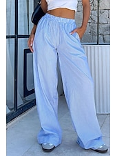 preiswerte weites Bein und hohe Taille-Damen Weites Bein Stoffhosen Mode Streetwear Volle Länge Natürliche Taille Gestreift Tasche Elastischer Bund Bequem Straße Ausgehen Rosa Blau Sommer Normale Passform