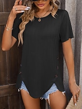 abordables Débardeur Simple-T-shirt Femme Uni Mode Moderne Décontracté Manches Courtes Col Rond Tops Quotidien Week-end Boutons Noir Blanc Violet Fuchsia Été