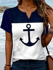 billige Stripe og geometrisk t-skjorte-Dame T skjorte Anker Fritid Kortermet Hals med hakk Vanlige topper Daglig Trykt mønster Navyblå Sommer Vår