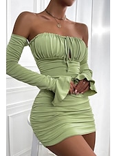 cheap White Graduation Dresses-Women&#039;s Mini Dress White Dress Graduation Dress Bodycon Elegant Fashion Birthday Graduation Date Regular Fit Plain Long Sleeve Off Shoulder Black White Light Green Wine Summer