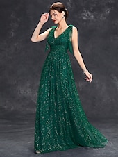 economico VERDE-Abito da sera a linea A abito scintillante formale per matrimonio lunghezza fino a terra senza maniche scollo a V tulle con glitter