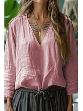 preiswerte Hemden-Damen Hemd Bluse Baumwoll-Leinen-Hemden Einfach Basic Modern Langarm V Ausschnitt Normale Oberteile Täglich Ferien Ausgehen Rosa Armeegrün Kamel Leicht Blau Sommer