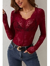 preiswerte Spitzenoberteile-Damen Spitzenhemd Bluse Glatt Stilvoll Langarm V Ausschnitt Normale Oberteile Täglich Ausgehen Spitze Schwarz Weiß Wein Sommer