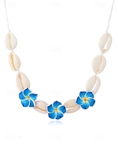 cheap Women&#039;s Necklace-Handmade Cowrie Shell Necklace with Plumeria Flowers – Boho Hawaiian Beach Jewelry for Women, Adjustable Summer Surfer Choker, Tropical Vacation &amp; Festival Accessory