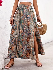 cheap Graphic Skirts-Women&#039;s Skirt A Line Swing Casual Boho Maxi High Waist Skirts Graphic Paisley Print Split Ends Vacation Holiday Blue Purple Summer Polyester